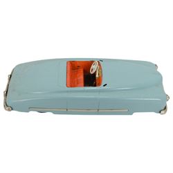 1950s German JNF 'Favorit' tinplate clockwork car, in light blue with red interior, boxed with key