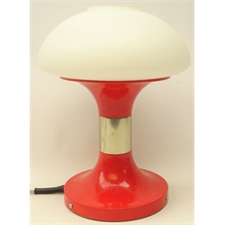  1970s table lamp with opaque mushroom shaped glass shade, chrome paneled stem and later painted finish, stamped KLBL Prufer, 1977, H37cm     