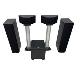 Klipsch surround sound speaker system, including two three way floor standing SF2BLK speakers, two SS1 speakers on stands, a KSW10 sub woofer, Pioneer amplifier and DVD/CD player