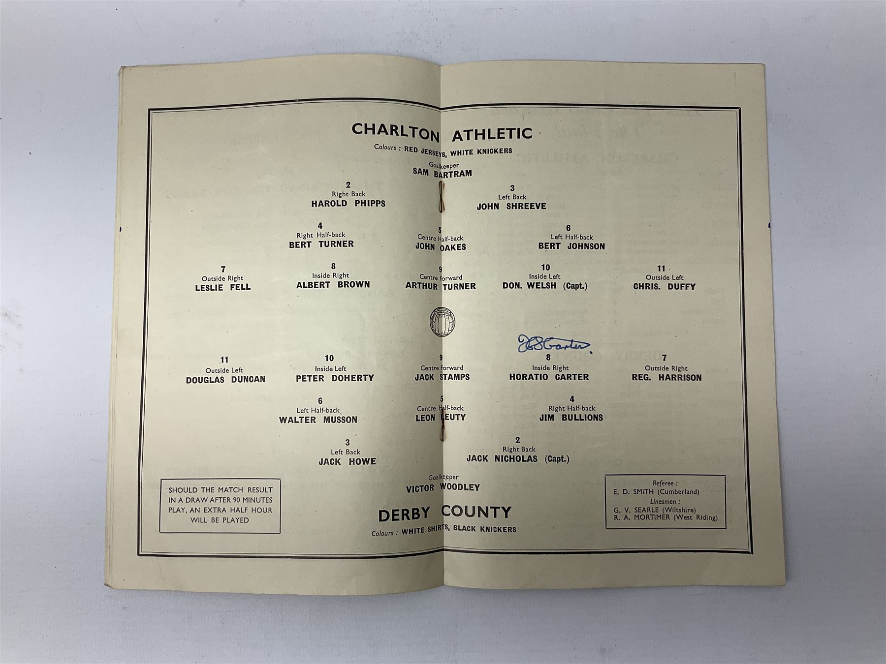 1946 FA Cup Final Charlton Athletic v Derby County football programme played 27th April 1946 at Wembley, signed to the centre pages by Raich Carter above his team name. Provenance: By direct descent from the family of Raich Carter having been consigned by his daughter Jane Carter.