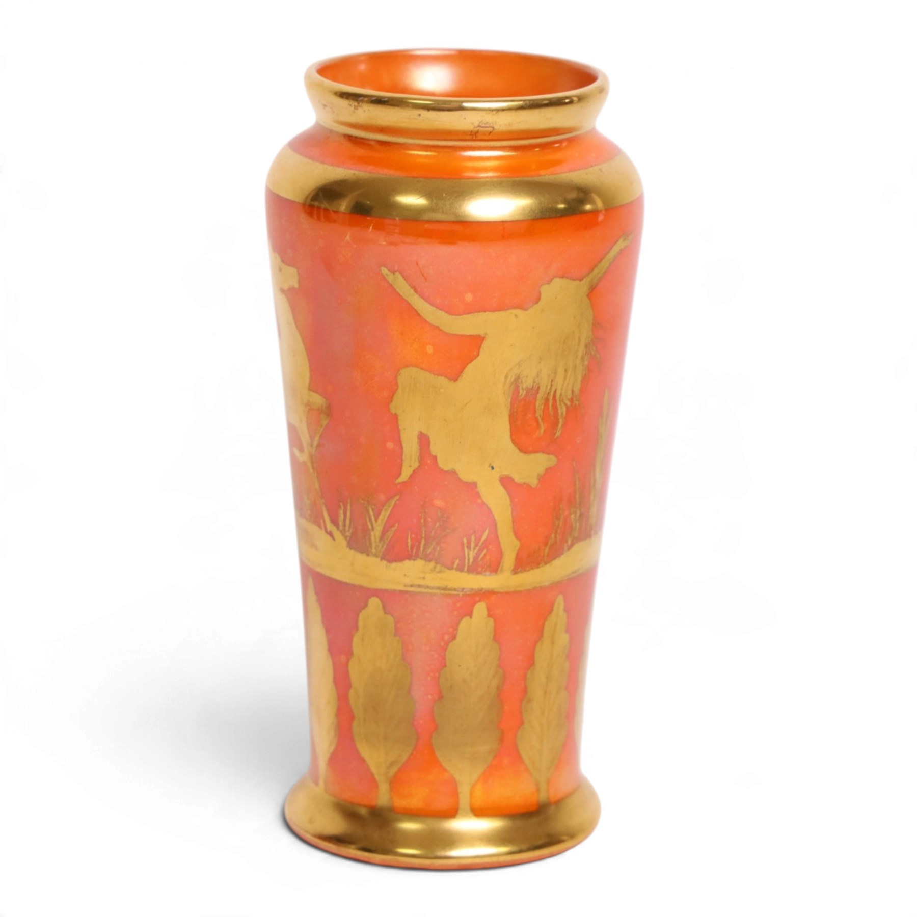 Royal Doulton orange lustre vase, decorated  with gilt figure hunting a stag, above a  boarder of trees, H14cm