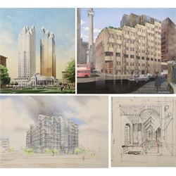 J H McCoy (20th Century): Architectural perspective of Moscow, watercolour heightened with white signed and dated 1989; John S Robinson (British 20th Century): Architectural perspective of a London Building, gouache signed; Architectural perspective of Imperial Chemical Industries Headquarters Slough and an angular interior, two mixed medias unsigned max 54.5cm x 48.5cm (4) (unframed)