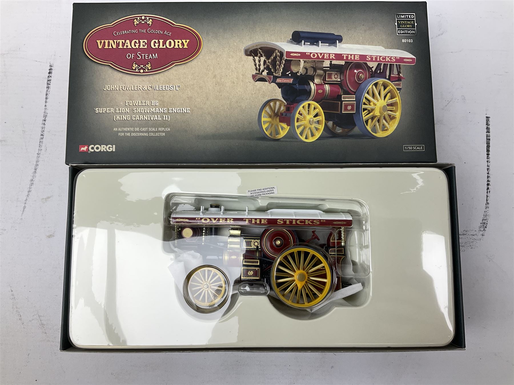 Corgi Vintage Glory - five 1:50 scale die-cast models comprising 80102 Fowler B6 Road Locomotive, Low Loader and Cylinder load; 80101 Fowler B6 Showman's Locomotive; 80103 Fowler B6 'Super Lion' Showman's Engine; 80108 Fowler B6 Crane Engine; and 80002 Sentinel Platform Wagon with Trailer and Sacks; all boxed (5)