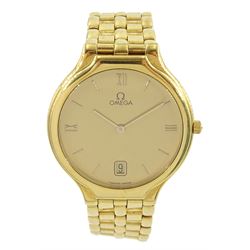 Omega gentleman's 18ct gold quartz wristwatch, Cal, 1436, champagne dial with date aperture at 6 o'clock, on integrated Omega 18ct gold bracelet strap, with fold-over clasp, hallmarked, boxed