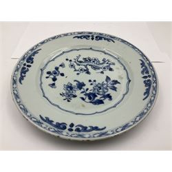 Set of four late 18th/early 19th century Chinese export blue and white plates, each of circular form, decorated with blossoming flowers, within shaped, and trellis borders, D22.5cm