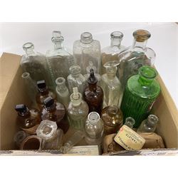 Collection of small apothecary bottles to include amber glass examples, many with stoppers and labels