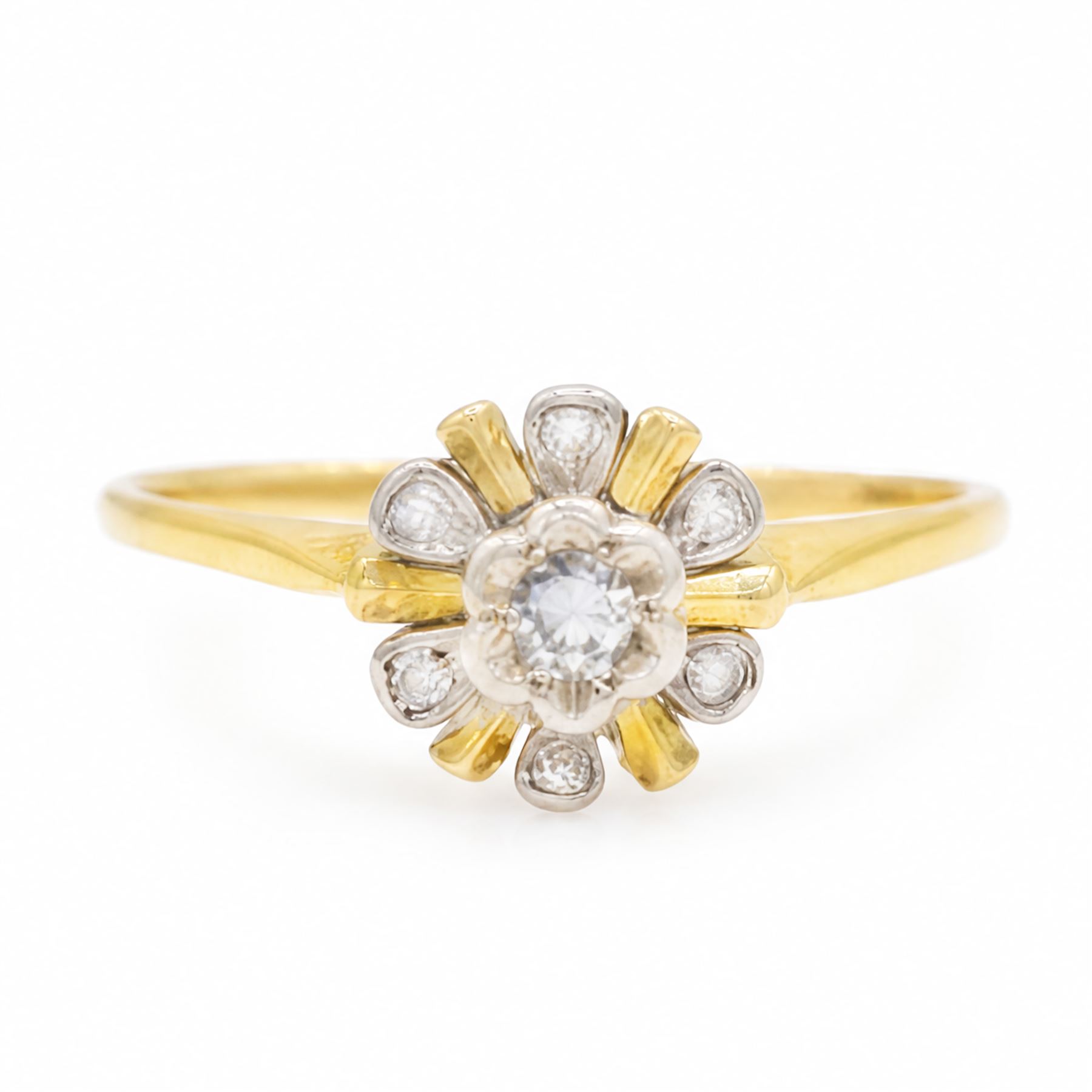 18ct gold diamond flower head cluster ring, round brilliant cut diamond surrounded by six single cut diamonds 