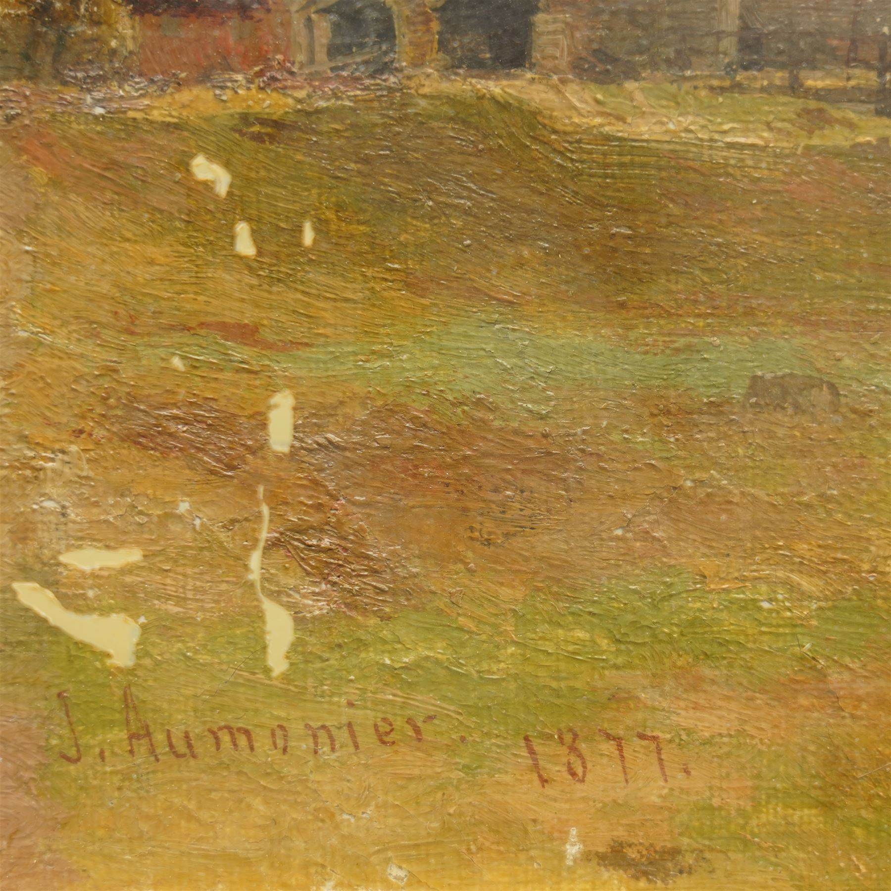 James Aumonier (British 1832-1911): Boats Moored on the Norfolk Broads, oil on canvas signed and dated 1877, i n antique gilt and gesso swept frame 20cm x 29cm