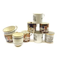 A Spode Bute shape teacup, together with together with two Spode coffee cans, each decorated in the Imari pallet, pattern 967, a 19th century Derby Imari pattern coffee can, two 19th century Derby cups decorated with blue and gilt bands, and three 19th century Bat printed coffee cans, probably Spode. 