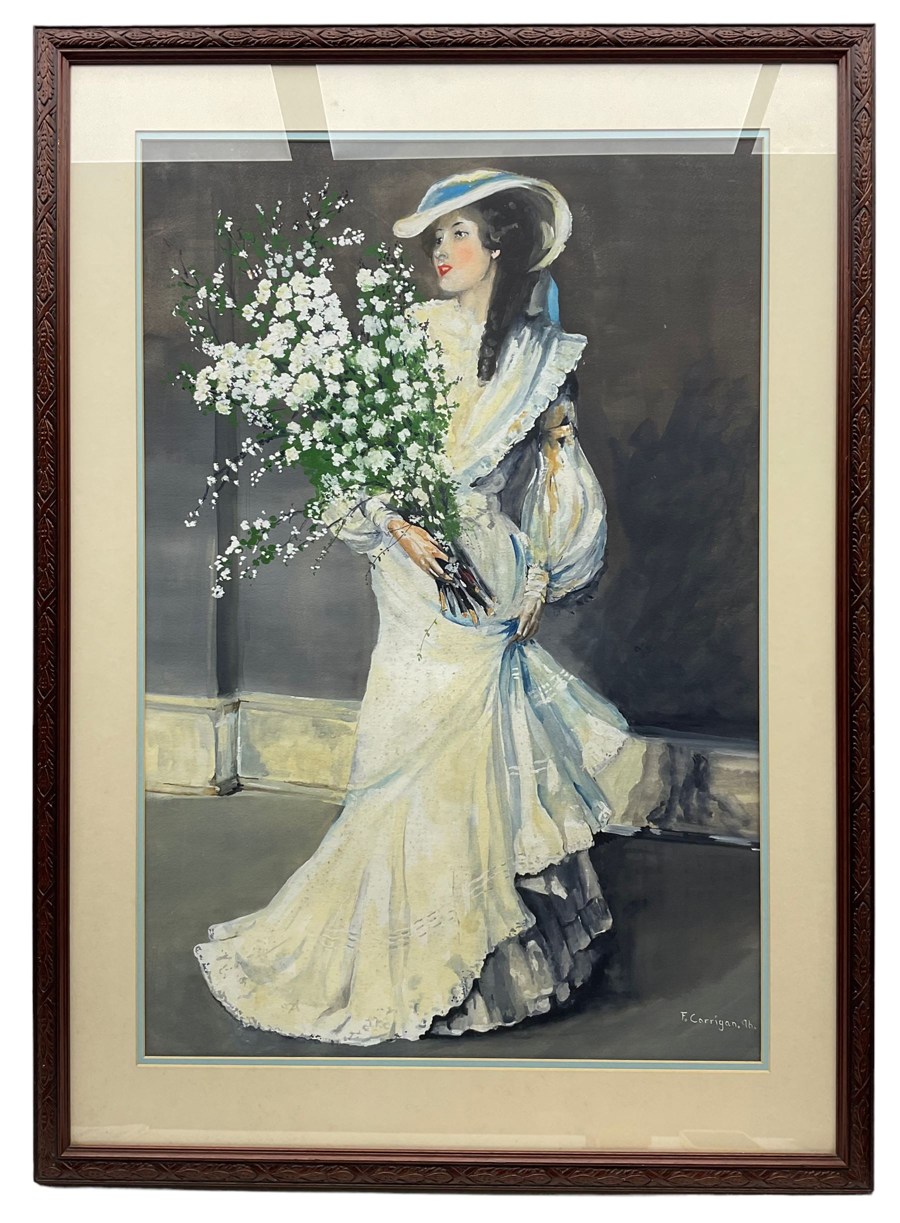 Fred Corrigan (Bridlington 20th century): Fashionable Lady, gouache signed and dated ‘96, 73cm x 49cm