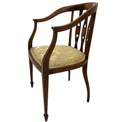 Edwardian inlaid walnut tub shaped bedroom chair, the shaped cresting rail supported by three pierced splats with inlaid oval amboyna panels, sprung seat upholstered in cream damask, square tapering supports with spade feet, box wood strung