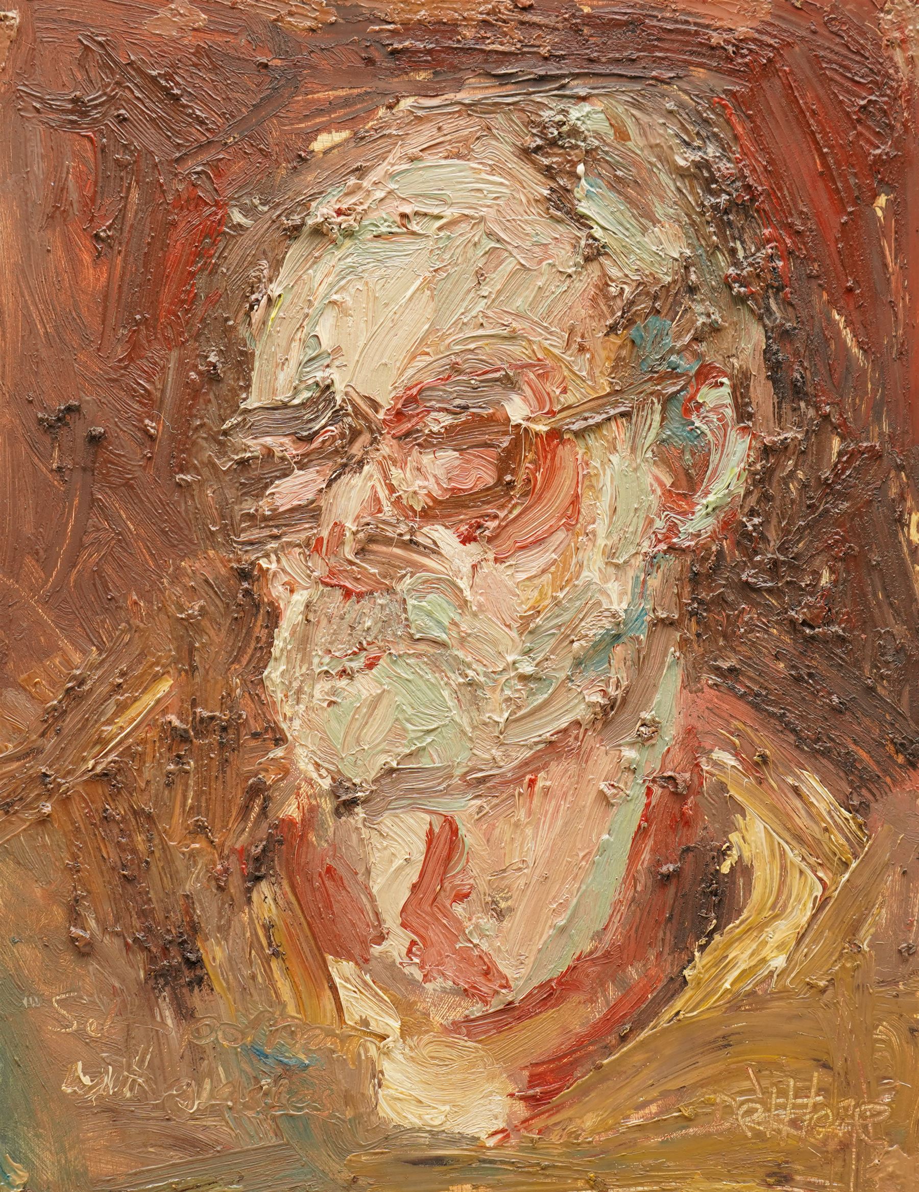 Barry De More (Yorkshire 1948-2023): 'Self Portrait with Glasses', oil and impasto on board signed and titled, inscribed and dated 2010 verso 35cm x 27cm
Notes: Acclaimed as one of the North's greatest expressionist artists, Barry De More (1948-2023) used a heavy impasto style to transfer his love of Yorkshire landscapes, townscapes and people to canvas. His work sits comfortably in the company of work by Kossoff and Auerbach, selling to collectors in the UK and overseas. De More's work can be found in the permanent collection of work by Northern Artists at Dean Clough, one of the UK's largest contemporary art galleries.