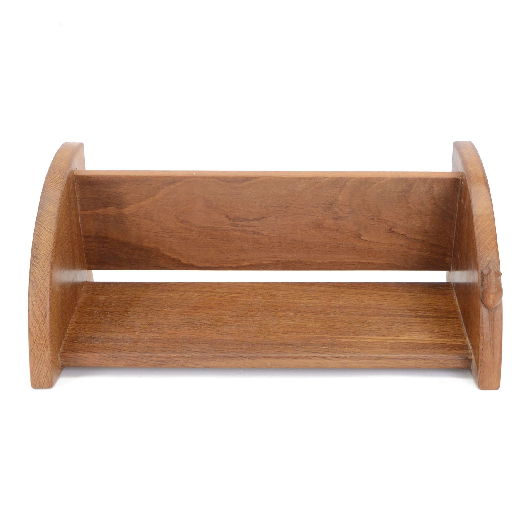 Mouseman oak book trough with carved mouse signature, by Robert Thompson of Kilburn, H21cm W45.5cm D20cm