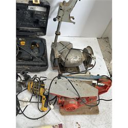 Performance Pro router with accessories, cased; DeWalt drill, two angle grinders with bits, biscuit jointer, bench grinder, scroll saw, heat gun, drills and other