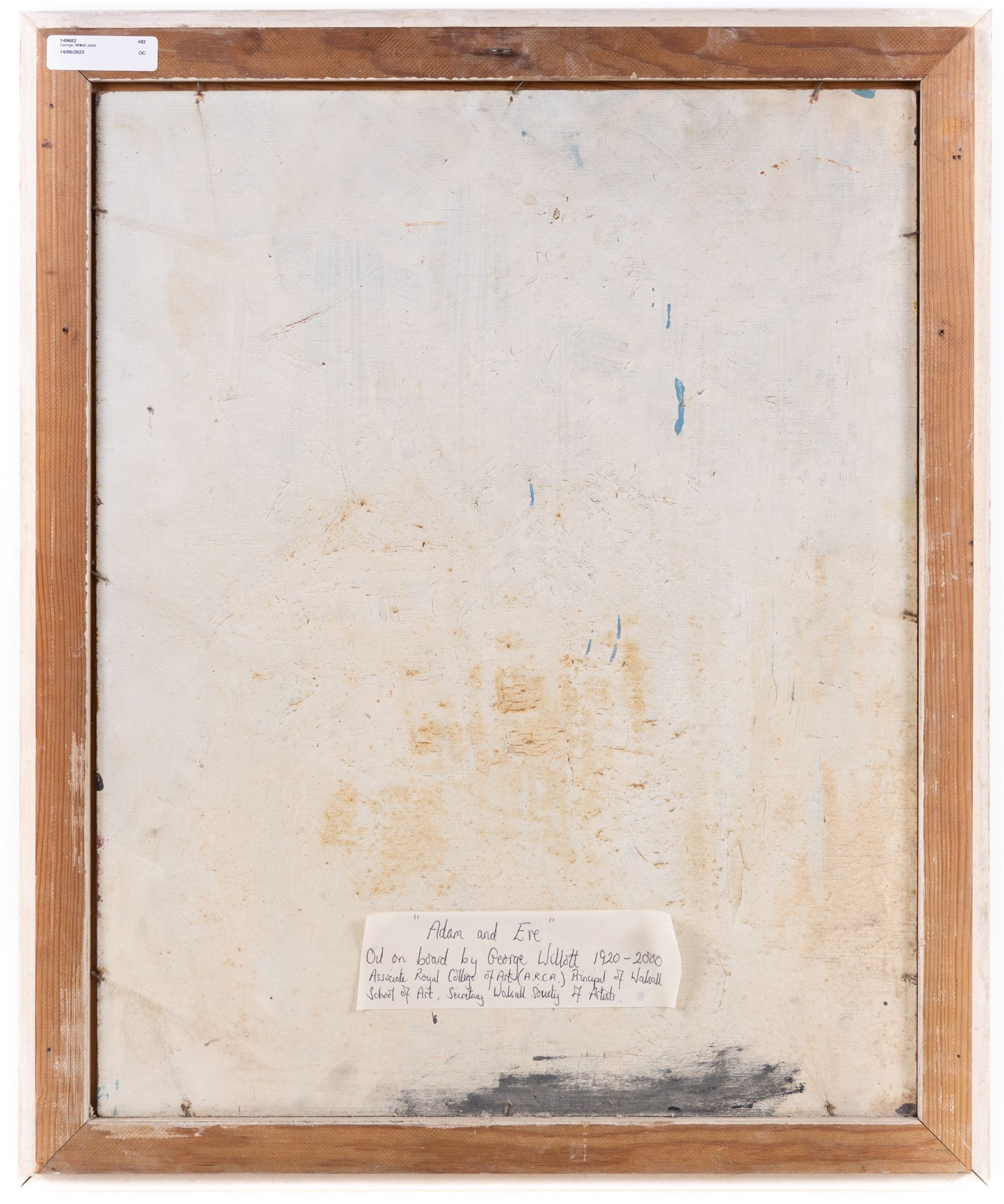 George Willott (British 1920-2000): Adam and Eve, oil on board signed 49cm x 39cm 
Notes: Willott was Principal of Walsall School of Art and secretary to Walsall Society of Artists.