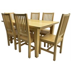 Solid beech rectangular dining table (89cm x 135cm - 160cm, H77cm); together with a set of five beech dining chairs