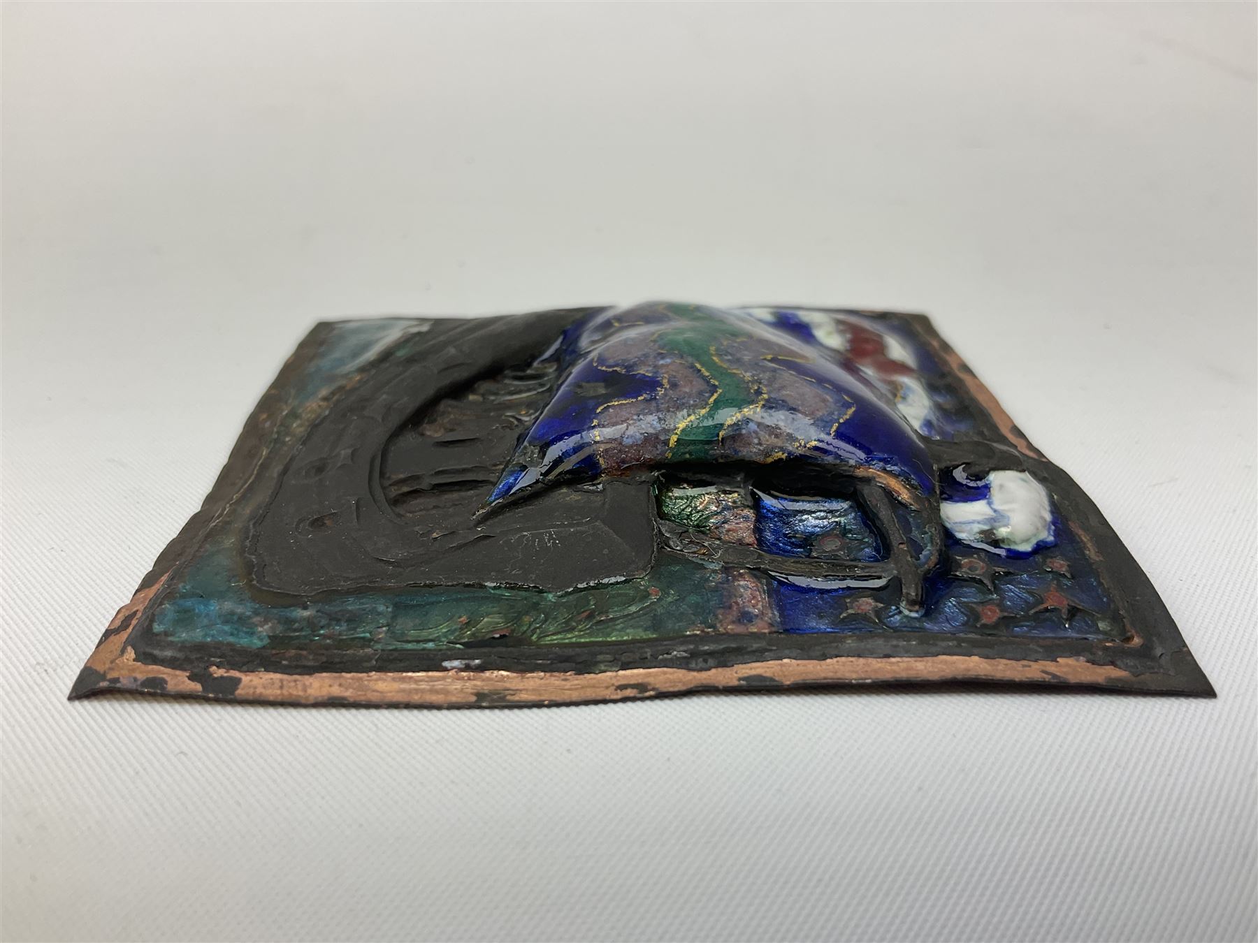 Henry George Murphy (1884-1939), large Arts & Crafts enamel panel, of square form decorated with a stylised ship, upon a green and blue ground, H7cm W7cm  