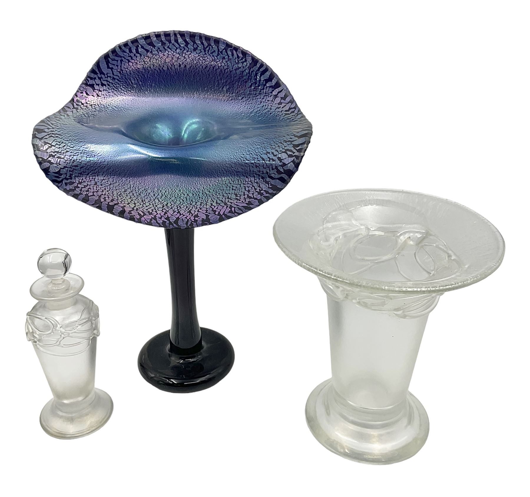 20th Century studio glass Okra Jack in the Pulpit vase, in deep blue with silvered trails, engraved signature, to base, together with David Wallace studio glass opalescent bottle and stopper and vase, Okra vase H30cm