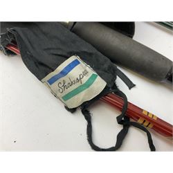 Quantity of fly and sea fishing rods and accessories, to include Shakespeare Boat 210 rod, Daiwa rod and others, and Guang Zhao FLD9000 course fishing reel, Beachmaster 7000FD, Rimfly II amd Penn Super Mariner, tackle etc