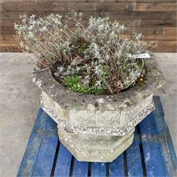 Large gothic design octagonal cast stone centre-piece urn olanter, quatrefoil decoration 