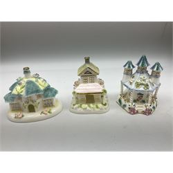 Twelve Coalport bone china pastille burner cottages, to include Fortune Towers, Summer Palace, The Vinery, Springtime Cottage, Dream Villa, Half Moon House, etc, all with original boxes and some with certificates 