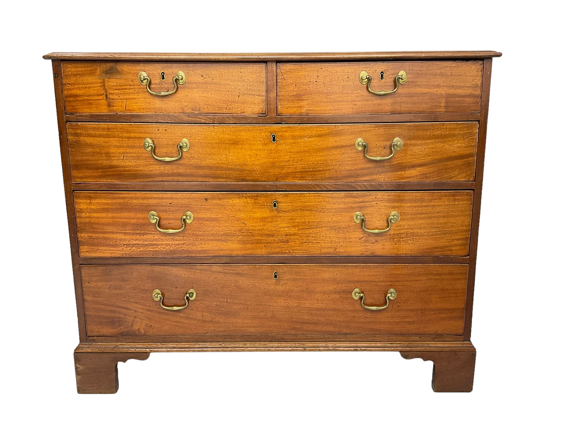 George III mahogany straight-front chest, fitted with two short over three long drawers, on bracket feet