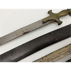 Four Indian tulwar swords; three with cast brass hilts and one with iron hilt; longest blade 81cm; all with scabbards (4)