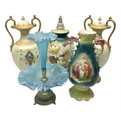 Blue glass single stem epergne with painted floral decoration, together with painted glass vase and three twin handled vases, epergne H38cm