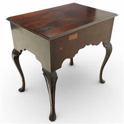 Early 20th century Irish mahogany lowboy, rectangular moulded top over three frieze drawers fitted with brass swan neck handles and escutcheons, shaped apron, raised on cabriole supports terminating in pad feet