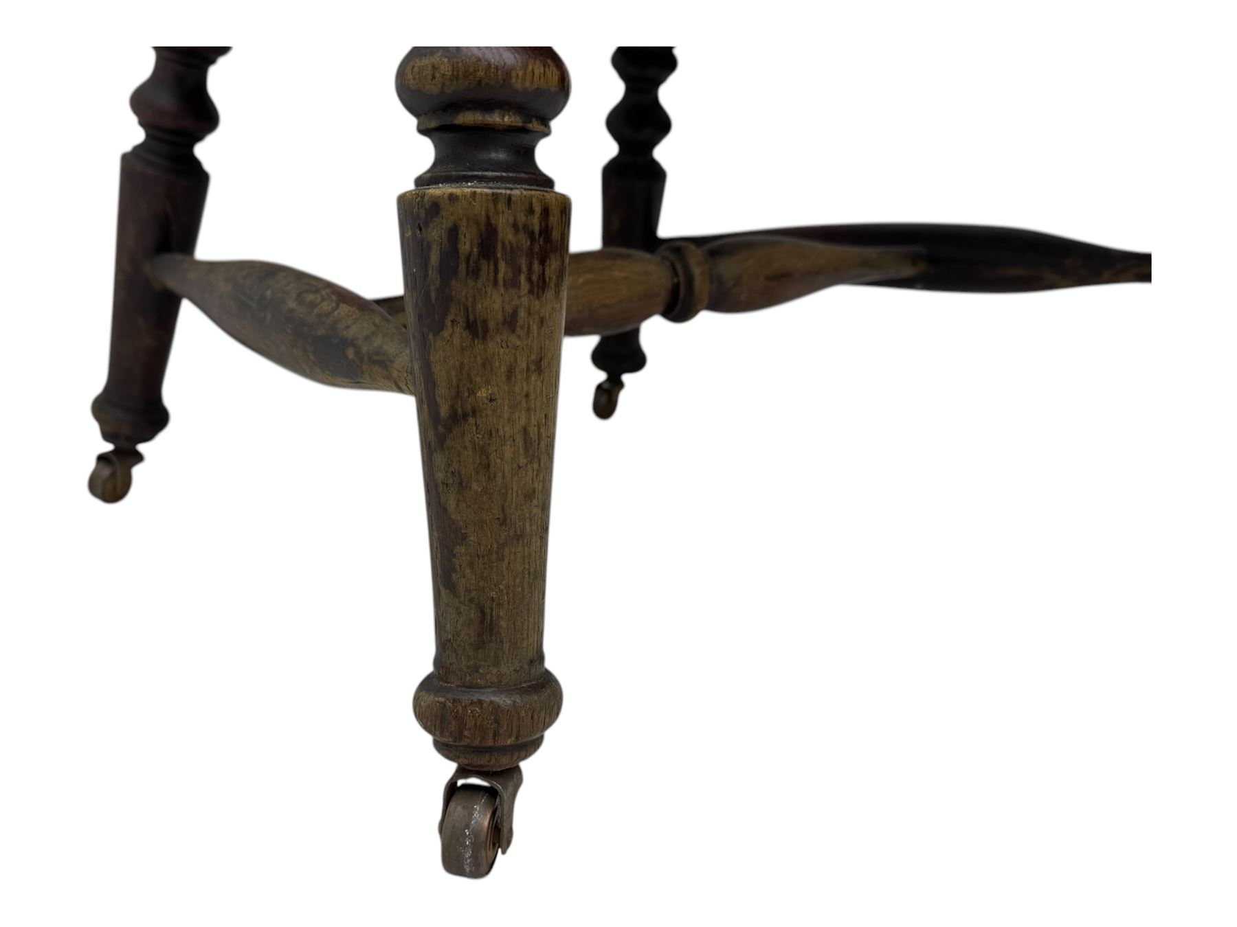 Victorian elm captains smokers bow chair, spindle turned tub shaped back, saddle seat, seat height 41cm