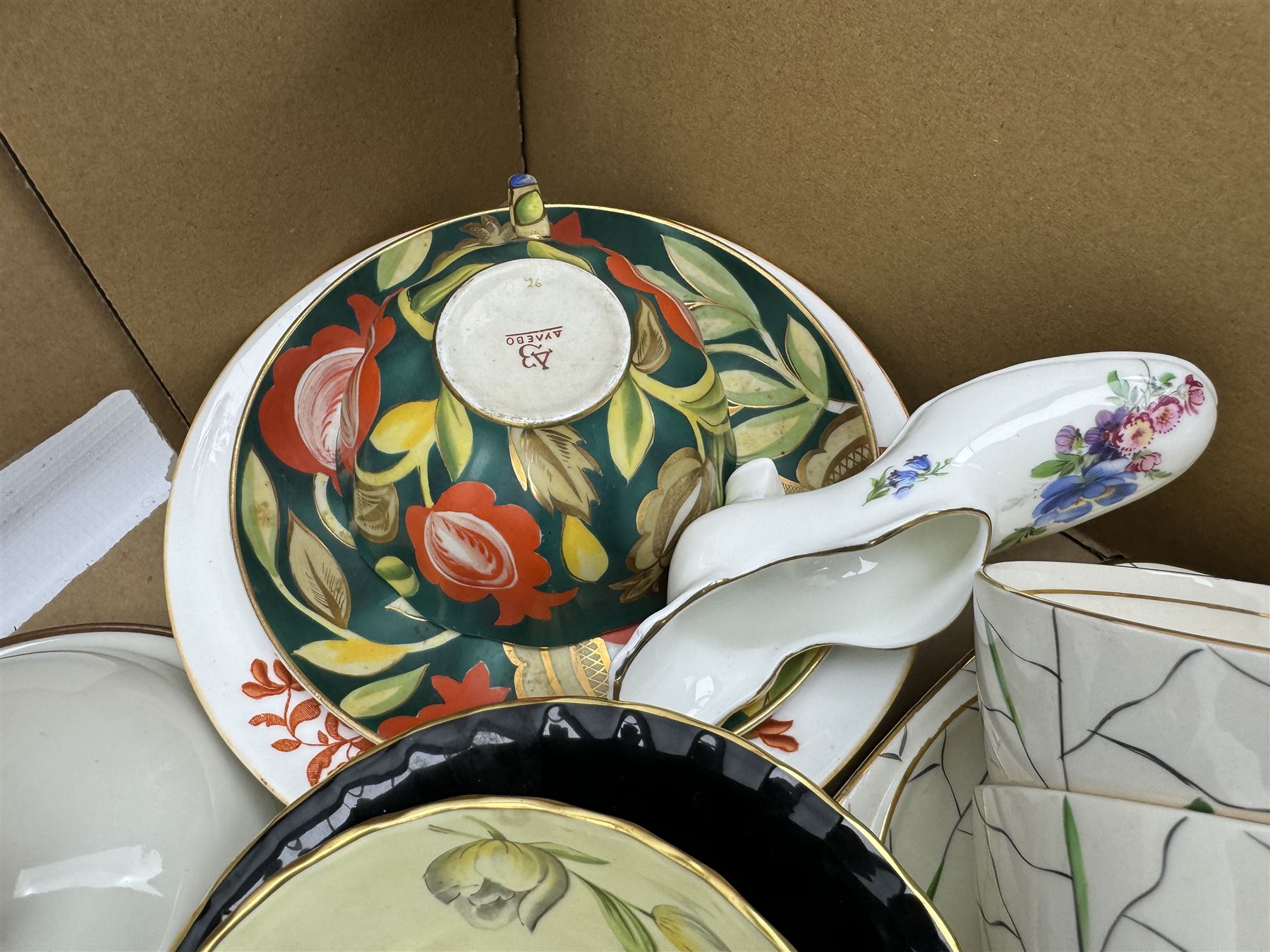 Aynsley harlequin cups and saucers, Royal Albert Old Country Roses vase and cover, Noritake coffee wares, Wedgwood Everest Goblet and various ceramics in two boxes