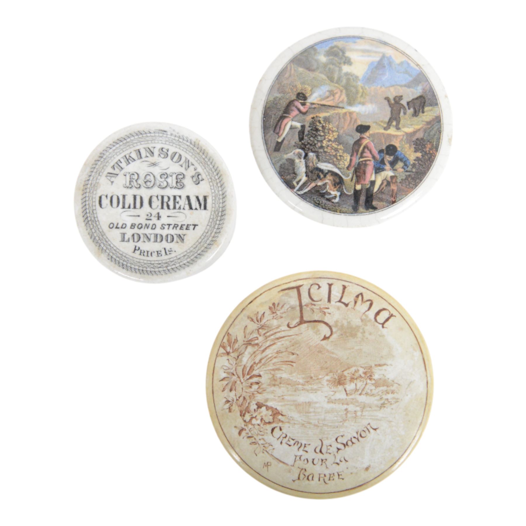  Collection of 19th century and later ointment jars, pots and lids, including Burgess's Anchovy paste, Woods Areca Toothpaste, Boots Cold Cream and framed Prattware pot lids