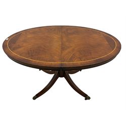 Georgian design oval mahogany extending dining table, with extra leaf, single pedestal base, inlaid detail