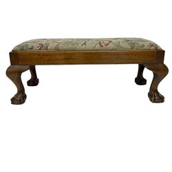 20th century mahogany rectangular footstool, needlework upholstered drop-in seat, on ball and claw carved feet (W81cm, D35cm, H34cm); 19th century elm stool, needlework upholstered drop-in seat, on square moulded supports united by plain stretchers (W45cm); 19th century walnut stool, shaped top upholstered in needlework, on cabriole supports (W50cm); 19th century rosewood stool, upholstered drop-in seat, on curved x-framed supports united by turned stretcher (W47cm)