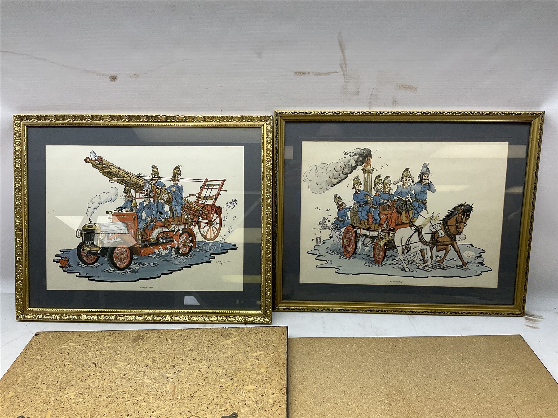 Set of four framed coloured prints humorous fire brigade related, after Chris Reynolds, together with Brooke bond picture cards, to include Asian wild life, the race into space, travel through the ages etc