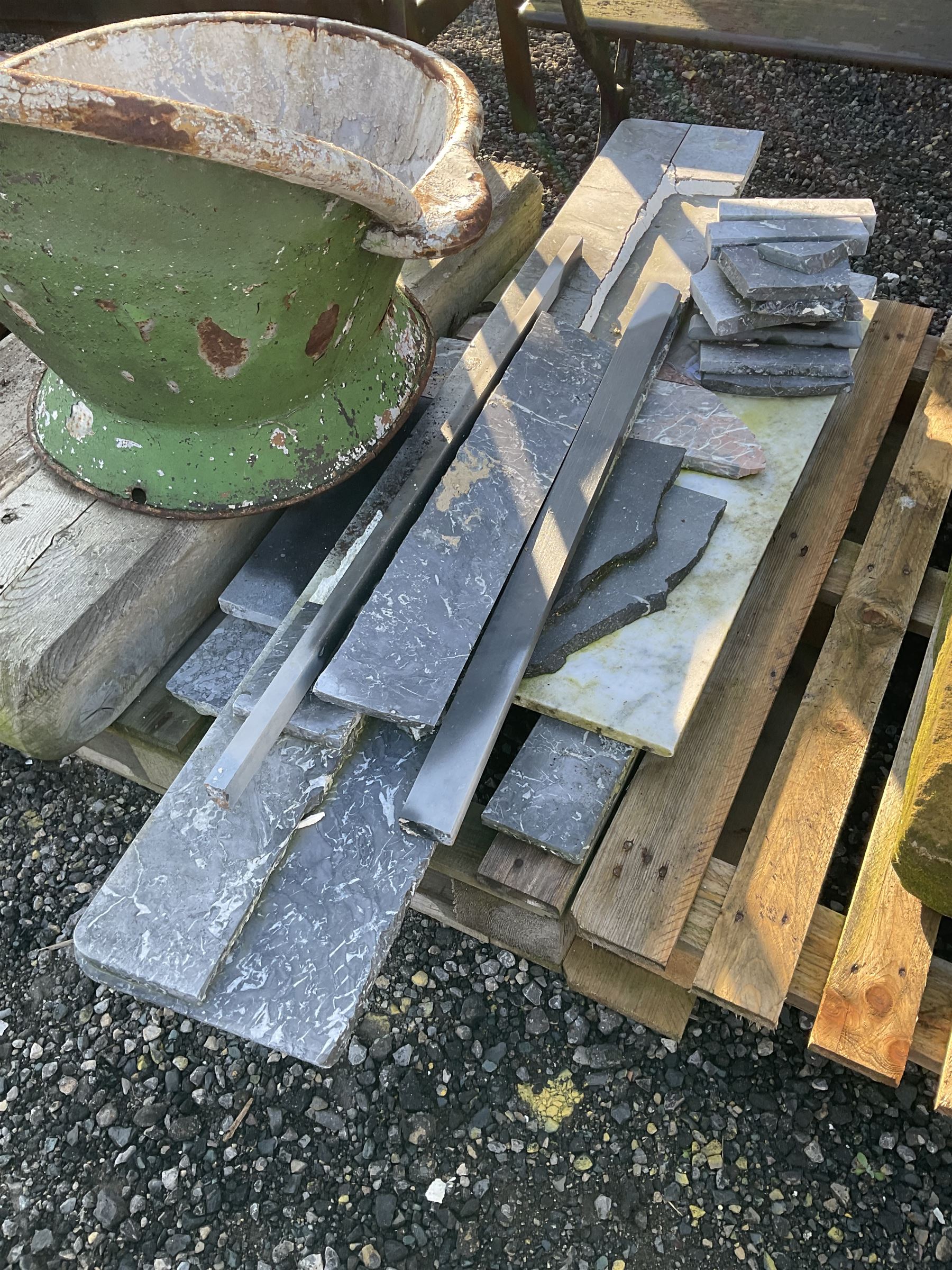 Painted Tin bath, wooden posts, marble fire surround pieces, planters and shallow glazed rectangular sink - THIS LOT IS TO BE COLLECTED BY APPOINTMENT FROM DUGGLEBY STORAGE, GREAT HILL, EASTFIELD, SCARBOROUGH, YO11 3TX