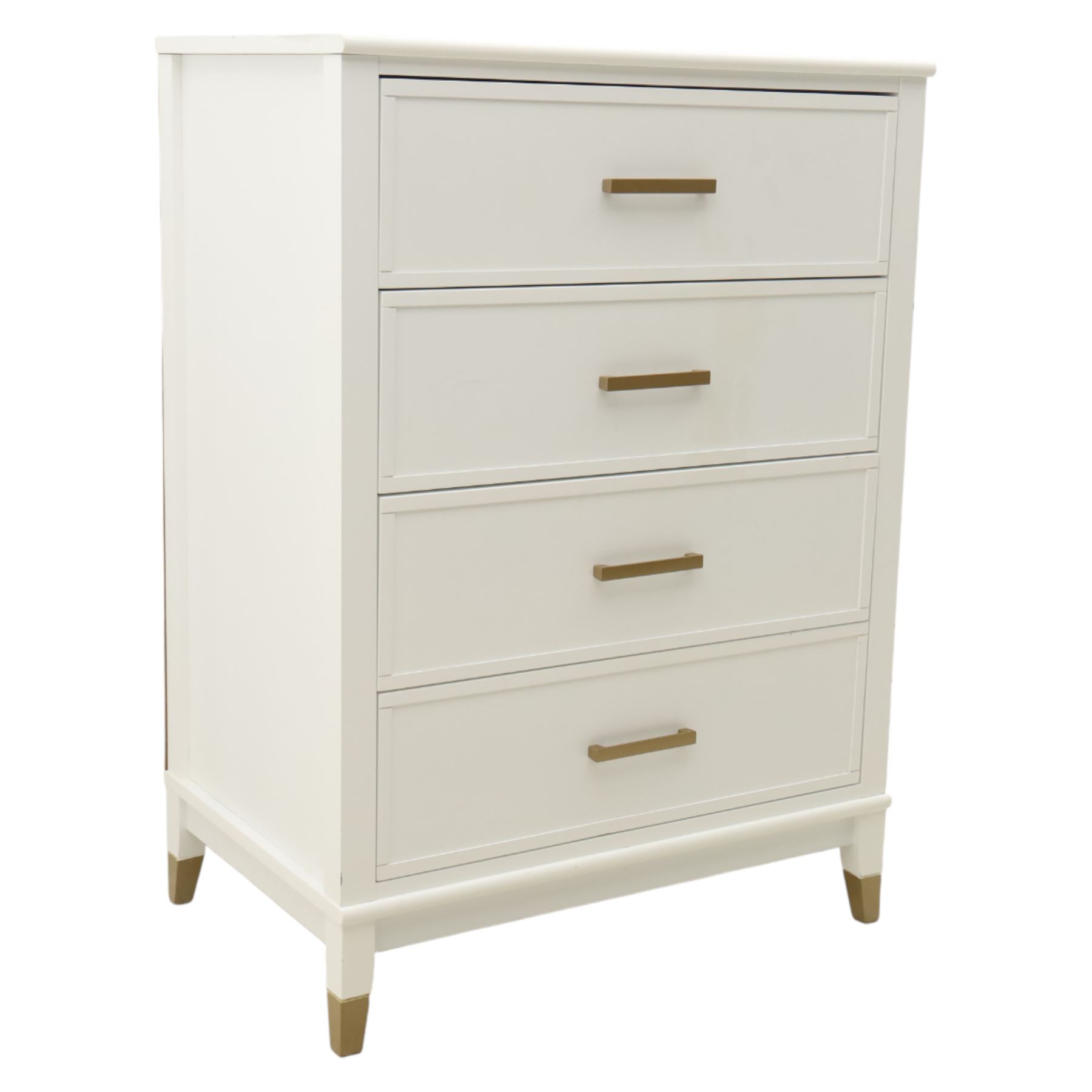 Dorel Home - Modern chest of drawer, white painted rectangular top above, four drawers with bronze metal handles, on tapered supports 