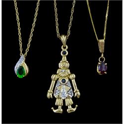  Gold sapphire and diamond clown pendant necklace, garnet pendant necklace and one other green stone and diamond pendant necklace, all 9ct