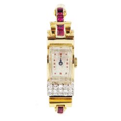 9ct gold calibre cut ruby and single stone diamond manual wind watch, case makers mark DS ...