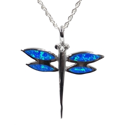  Silver blue opal dragonfly pendant necklace, stamped 925  