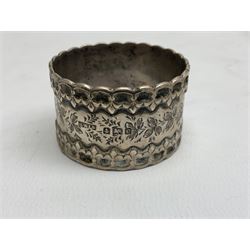Group of silver, to include napkin ring with engraved foliate decoration hallmarked Henry Williamson Ltd,  together with various stamped silver lidded and collared 19th century and later cut glass scent bottles, silver collared glass vases etc (7) weighable silver approx 55g