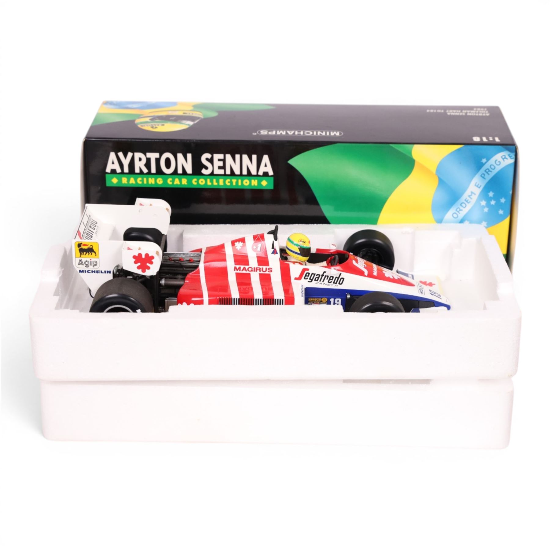 Minichamps 1:18 Ayrton Senna Racing Car Collection Toleman Hart TG184 1984 #19 car with Segafredo Zanetti decals, boxed