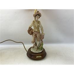 A Belcari figural table lamp, modelled as a young gent leaning upon brick wall, on turned wood base, signed, H70cm incl shade, together with bronzed figural table lamp of a lady with parasol upon ornate circular plinth base, two ceramic table lamps and another lamp (5)