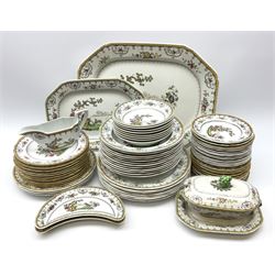Spode Chelsea pattern dinner wares, comprising seven dinner plates, three salad plates, eleven salad plates, twenty seven side plates, twelve bowls, eight smaller bowls, pair of crescent shaped dishes, small tureen and cover and stand, sauce boat, and two platters. 