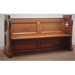  Victorian Gothic revival stained pine pew, panelled back, pierced solid end supports, W165cm, H90cm, D48cm  