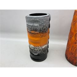 Two large West Germany pottery vases of cylindrical form with black and orange moulded decoration, with impressed marks beneath, largest H