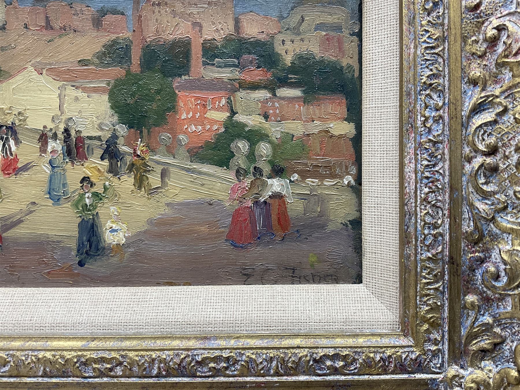Elizabeth Campbell Fisher Clay (American/British 1871-1959): 'Old Bridge - Madrid', oil on panel signed, titled verso 11cm x 17cm 
Provenance: West Yorkshire dec'd estate; with Christie's London 21st July 1988 Lot 116 
Notes: signed 'EC Fisher', painted before her marriage to Howard Clay on 20th April 1909.