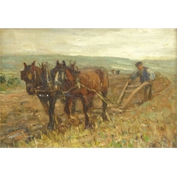  James William Booth (Staithes Group 1867-1953): 'Ploughing', oil on canvas laid on board signed, original title and address label verso 21cm x 31cm  DDS - Artist's resale rights may apply to this lot    