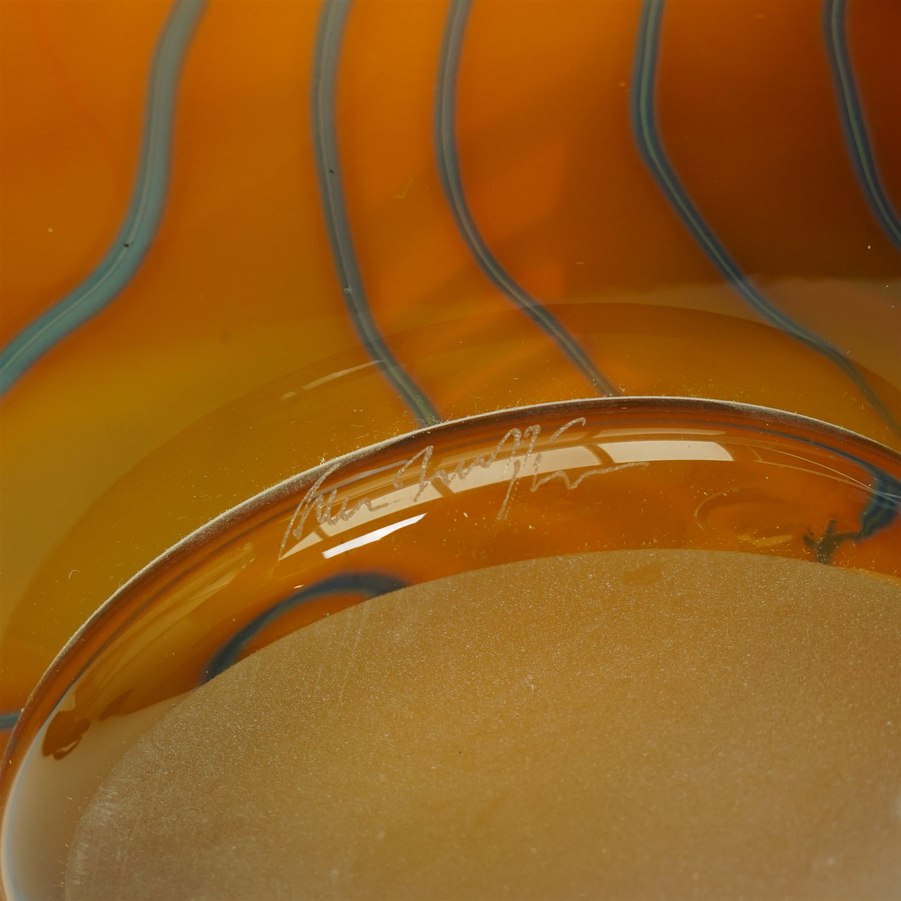 Peter Layton (British 1937-): 'The Arrival of Spring on the Wolds', large and impressive hand blown studio glass platter, signed to base, D60cm 
Provenance: purchased from the David Hockney 'Bigger Picture' exhibition at the Royal Academy in 2012 as part of a series.
Notes: Layton was a fellow student and close friend of Hockney.