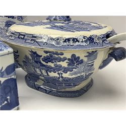 Large blue and white twin handled tureen with cover, Copeland Spode bowl, oriental blue and white jar and cover and a pair of blue and white vases